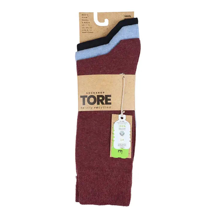 Tore Totally Recycled 100% Men's Plain Crew Socks - 3 Pairs Size (7-11)