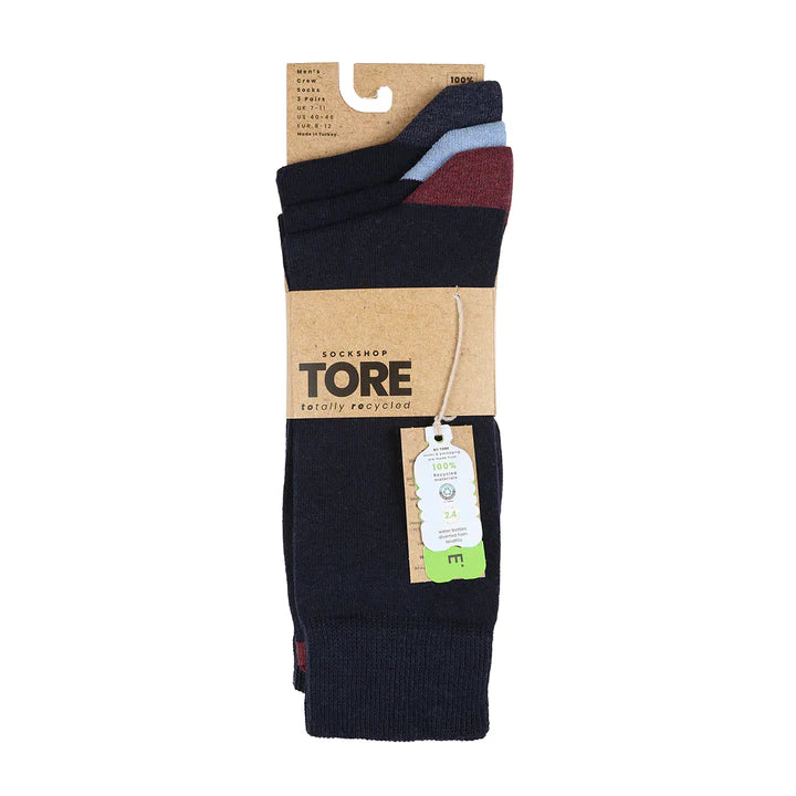 Tore Totally Recycled 100% Men's Plain 3 Pack Crew Socks with Contrast Heel and Toe