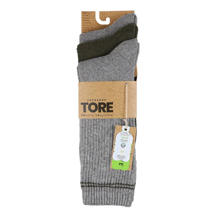 Tore Totally Recycled 100%Men's Crew Sports Socks with Stripes - 3 Pack