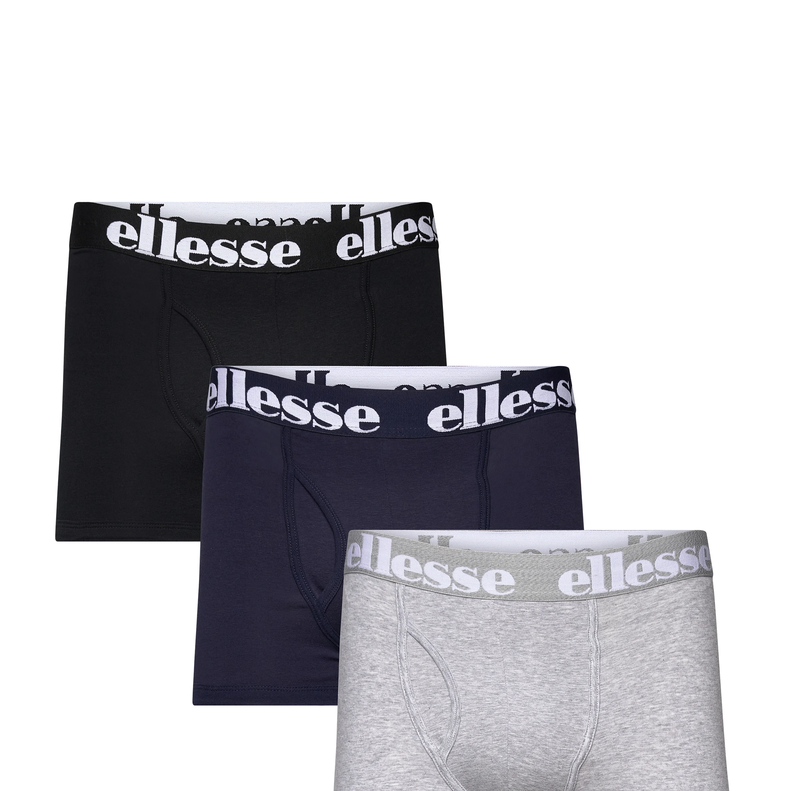 Ellesse Men's Hali 3 Pack Cotton Stretch Trunks – Black, Grey & Navy