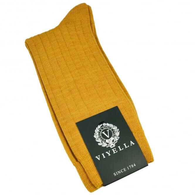 Viyella Men’s Short Merino Wool Socks – Ribbed, Hand Linked Toe, English Mustard