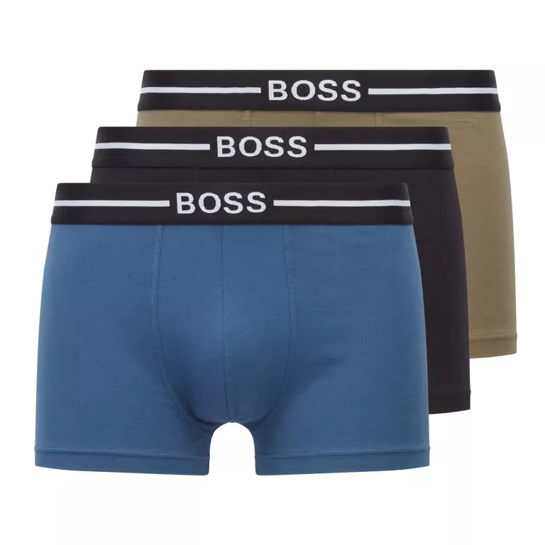 Hugo Boss Stretch Cotton Trunks, Pack of 3 - With Logo Waistbands Blue/Olive/Black -974