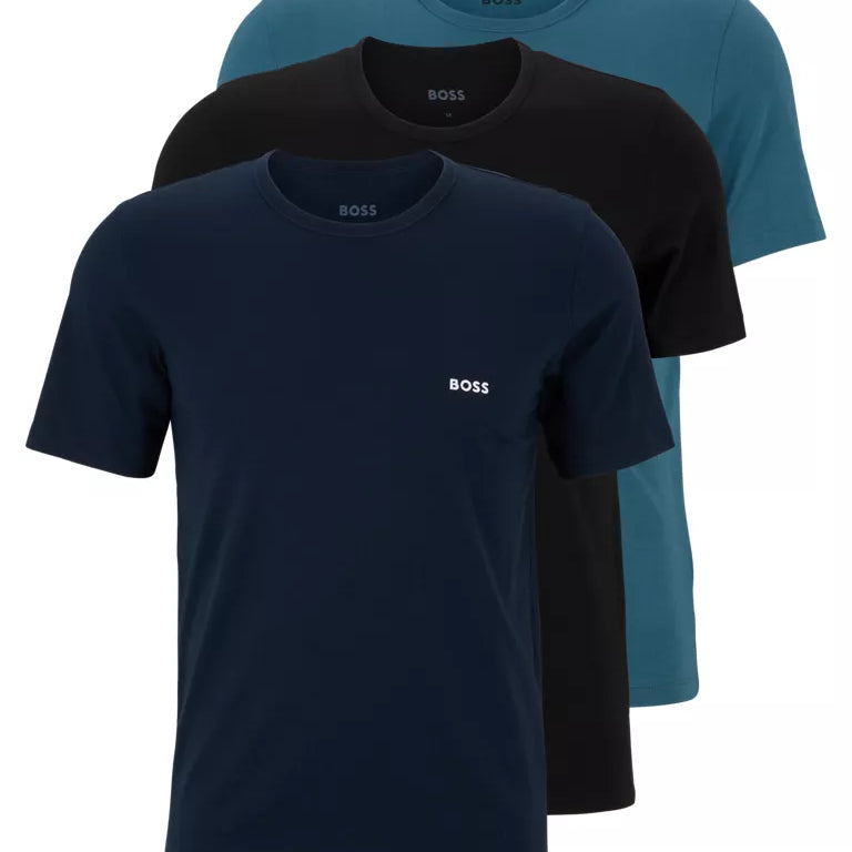 Boss 3 Pack of Crew Neck T-Shirts In Cotton Jersey - Black, Blue, Green