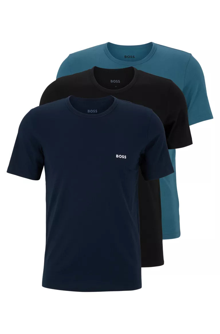 Boss 3 Pack of Crew Neck T-Shirts In Cotton Jersey - Black, Blue, Green