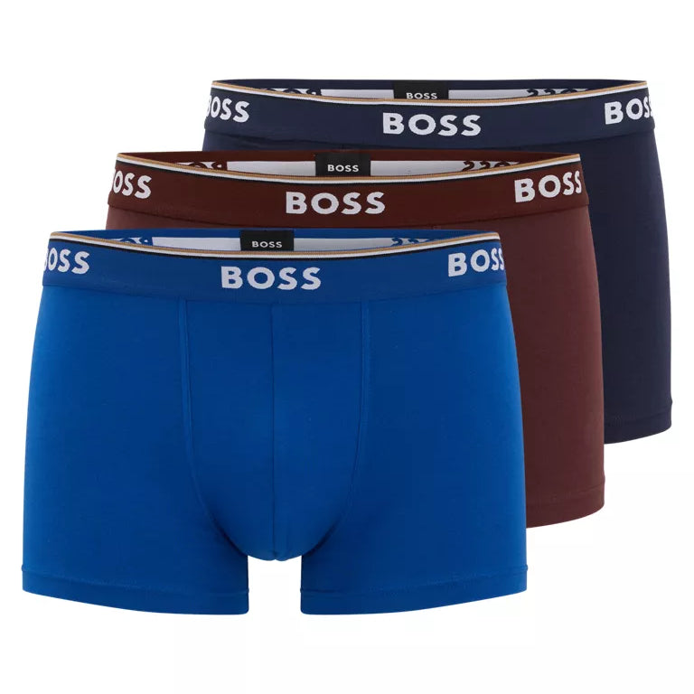 Boss - 3 Pack Stretch Cotton Trunks with Logo Waistbands - Navy/Brown/Blue