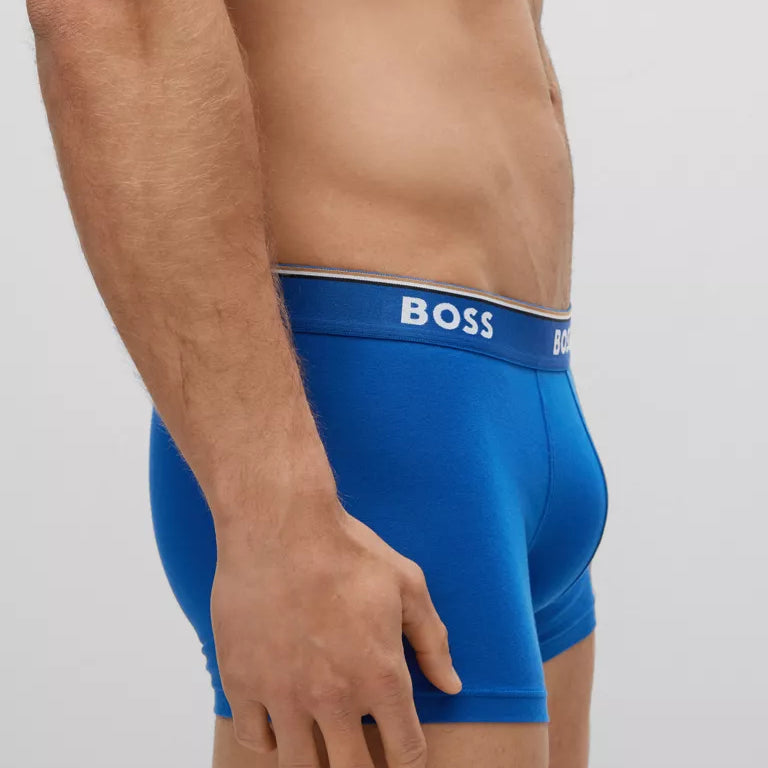Boss - 3 Pack Stretch Cotton Trunks with Logo Waistbands - Navy/Brown/Blue