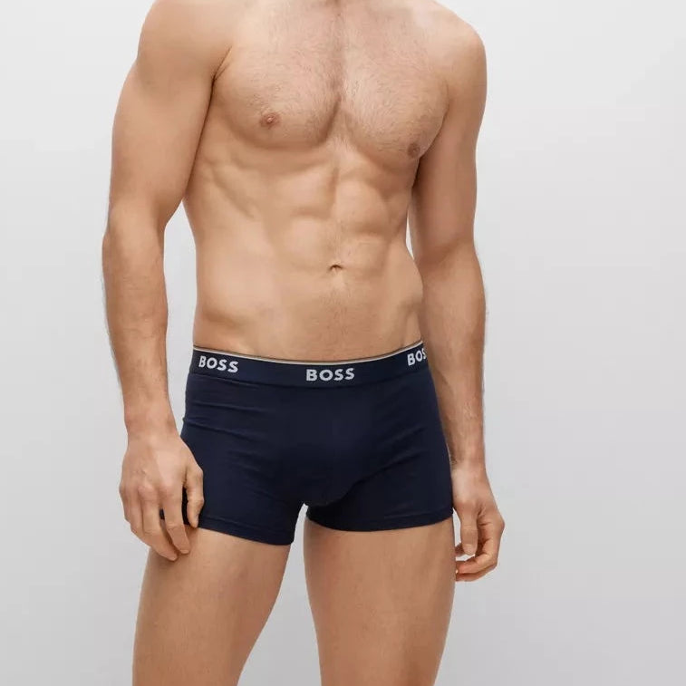 Boss - 3 Pack Stretch Cotton Trunks with Logo Waistbands - Navy/Brown/Blue