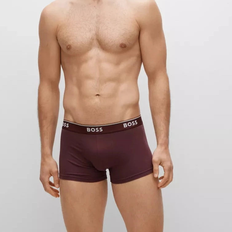 Boss - 3 Pack Stretch Cotton Trunks with Logo Waistbands - Navy/Brown/Blue