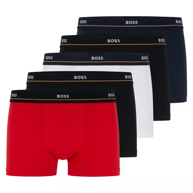 Boss Cotton Stretch 5 Pack Trunks with Logo Waistbands - Black / White / Red