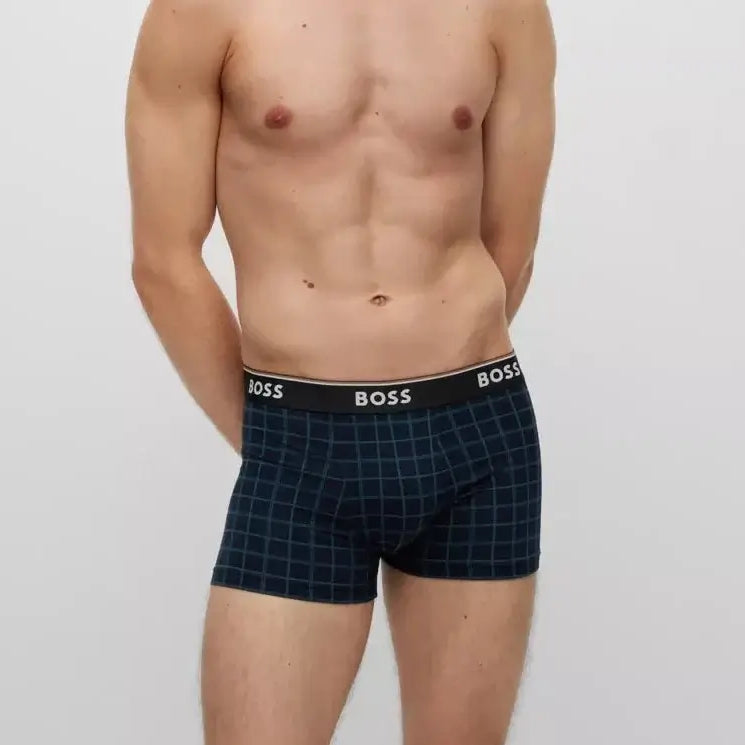 Boss 3 Pack of Stretch-Cotton Trunks with Logo Waistbands -Black/Blue - 974