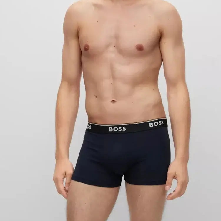 Boss 3 Pack of Stretch-Cotton Trunks with Logo Waistbands -Black/Blue - 974