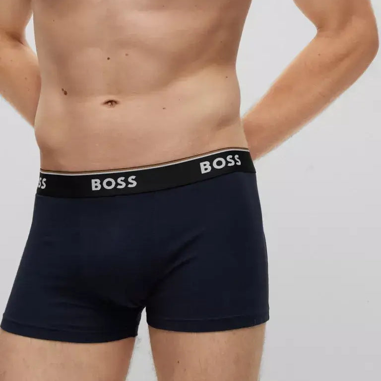 Boss 3 Pack of Stretch-Cotton Trunks with Logo Waistbands -Black/Blue - 974