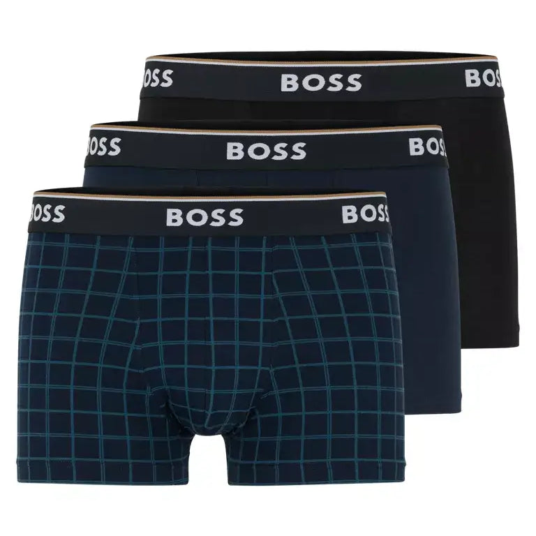 Boss 3 Pack of Stretch-Cotton Trunks with Logo Waistbands -Black/Blue - 974