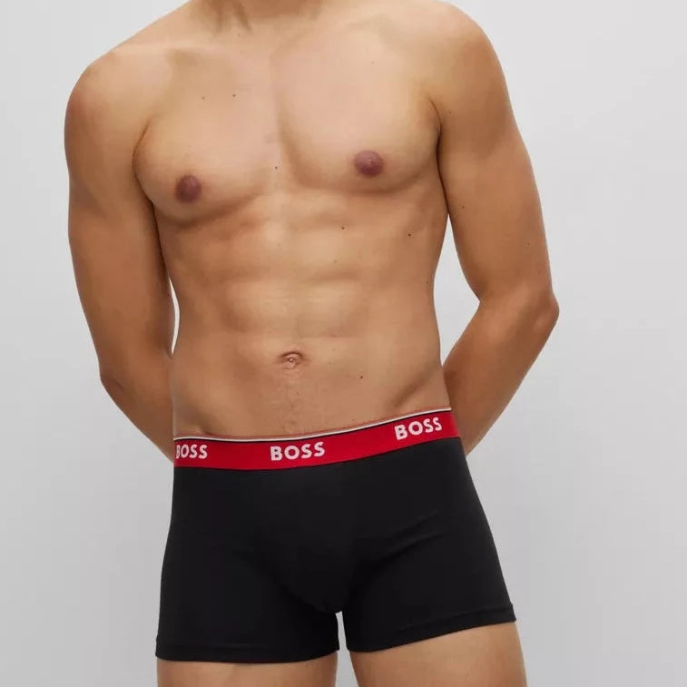 Boss 3 Pack of Stretch-Cotton Trunks with Logo Waistbands -Black/White/Red