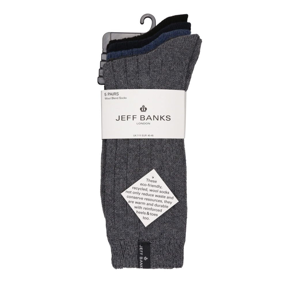Jeff Banks Men's 5 Pack Wool Mix Rib Boot Socks - Blue / Black / Charcoal / Grey