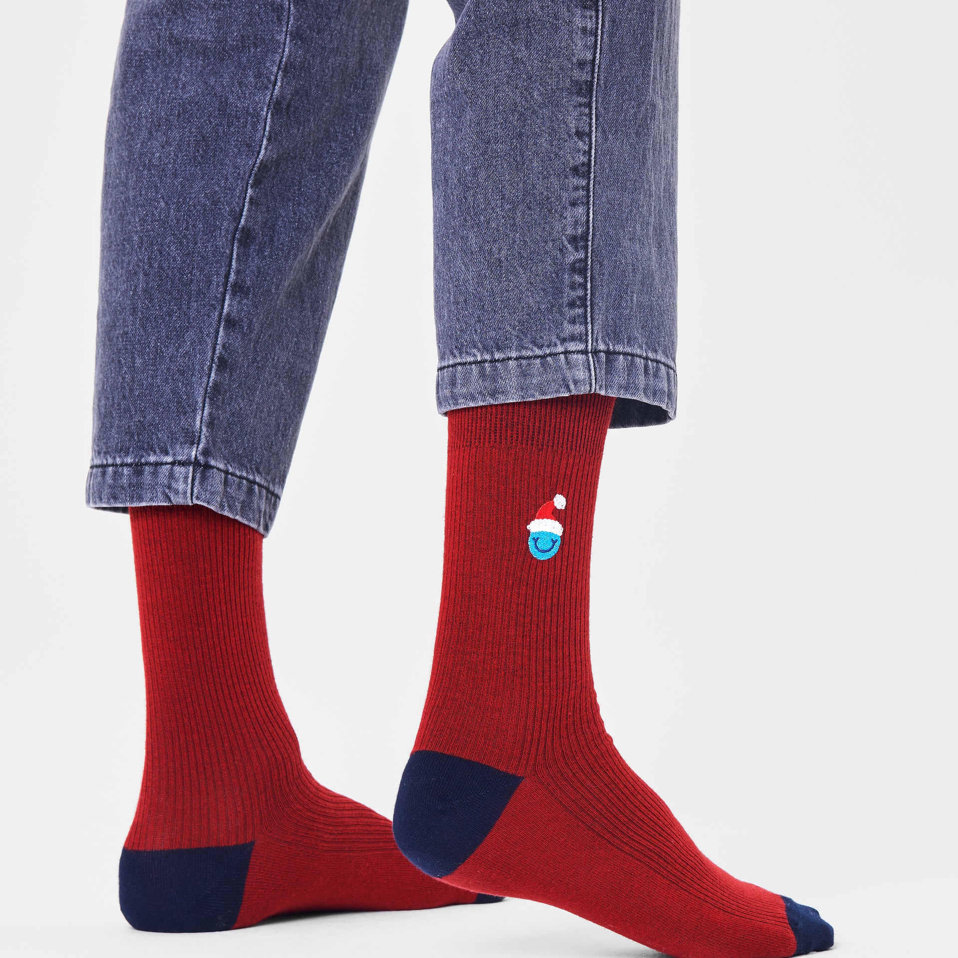 Smiley Santa Crew Ribbed Embroidery Sock - Happy Socks