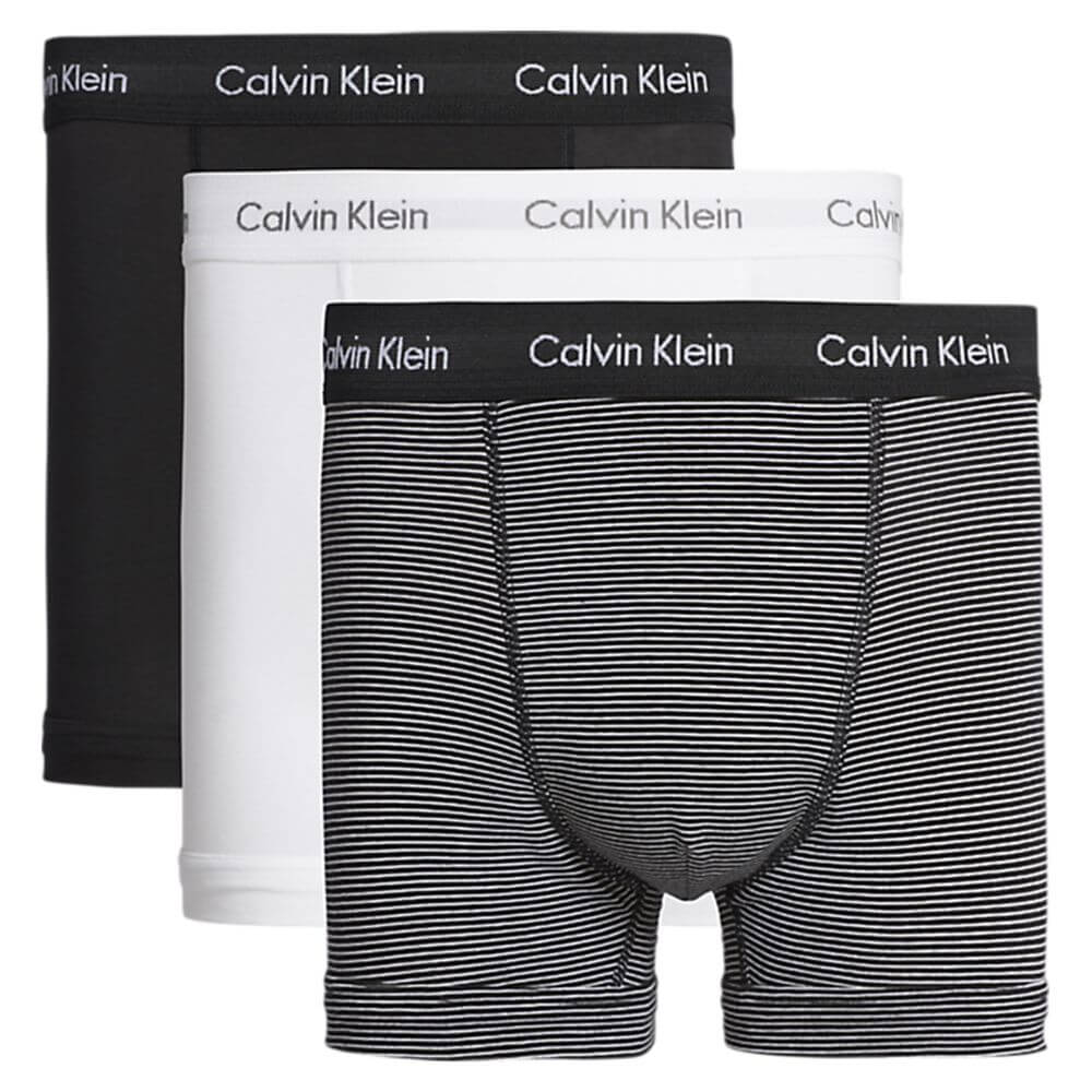 Calvin Klein 3 Pack Cotton Stretch Trunks, Black/White/Stripes