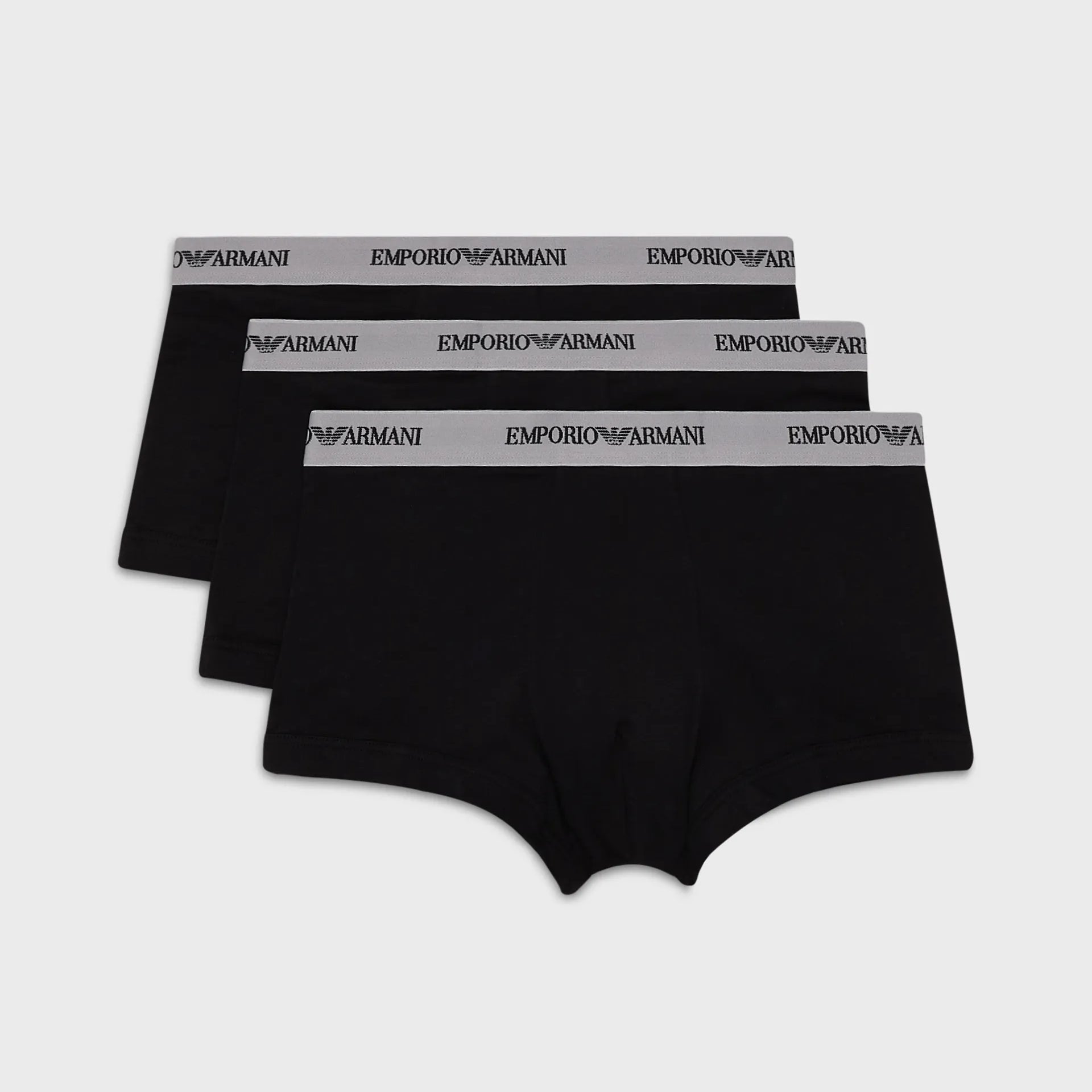 Emporio Armani 3 Pack Trunks - Stretch Cotton -Black with Grey Waistband