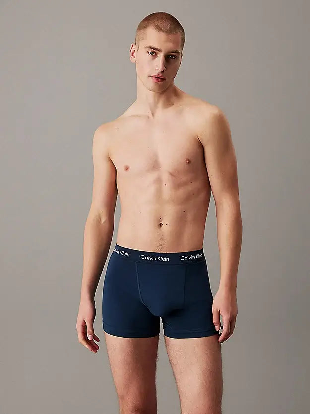 Calvin Klein 3 Pack Cotton Stretch Trunks, Black / Blue / Grey Print