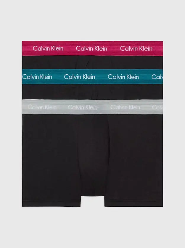 Calvin Klein 3 Pack Low Rise Trunks – Cotton Stretch – Black with Coloured Waistbands