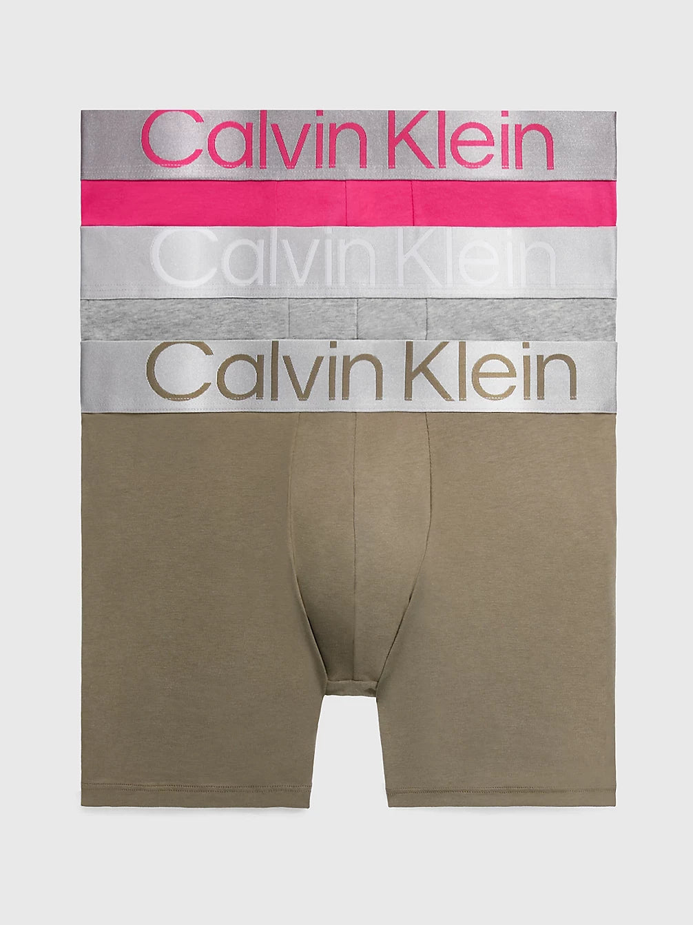 Calvin Klein 3 Pack Longer Legs Boxer Briefs Steel Cotton - Cerise Lipstick/Grey/Olive