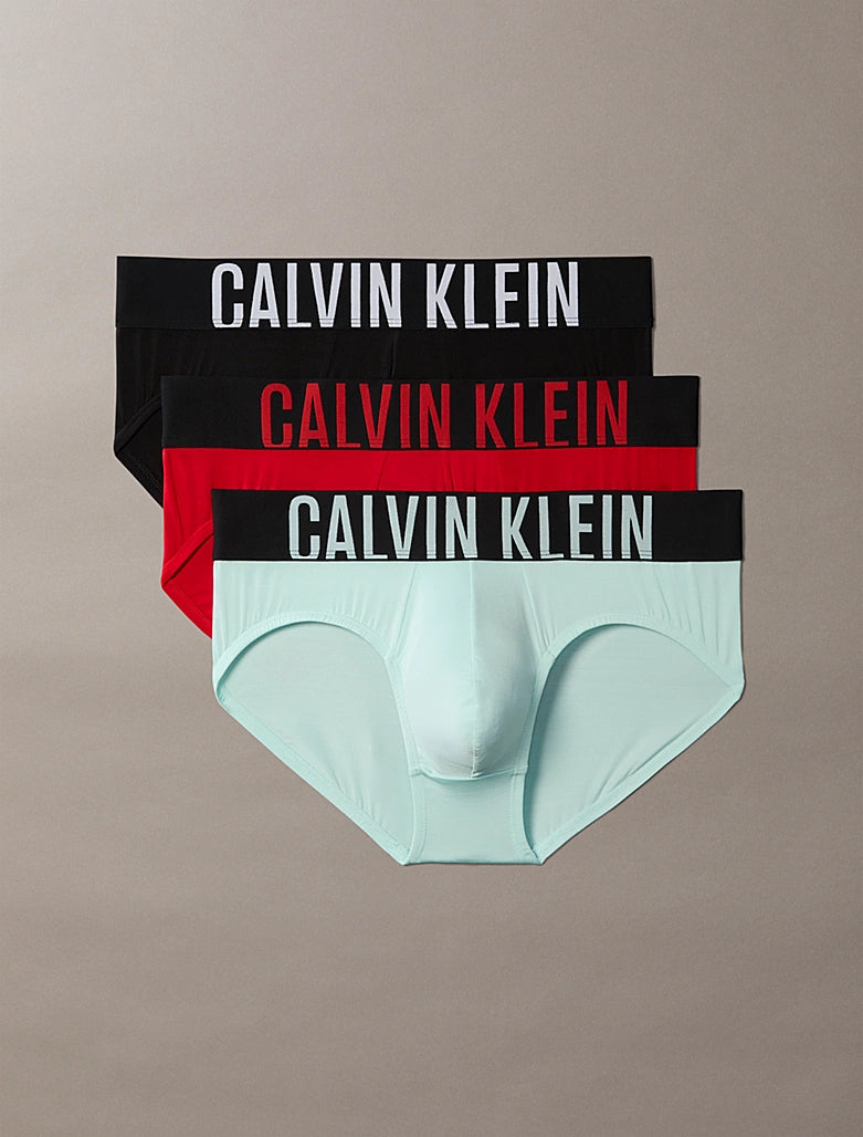 Calvin Klein Intense Power Microfibre Stretch 3 Pack Briefs Black Goji Berry Aqua Blue