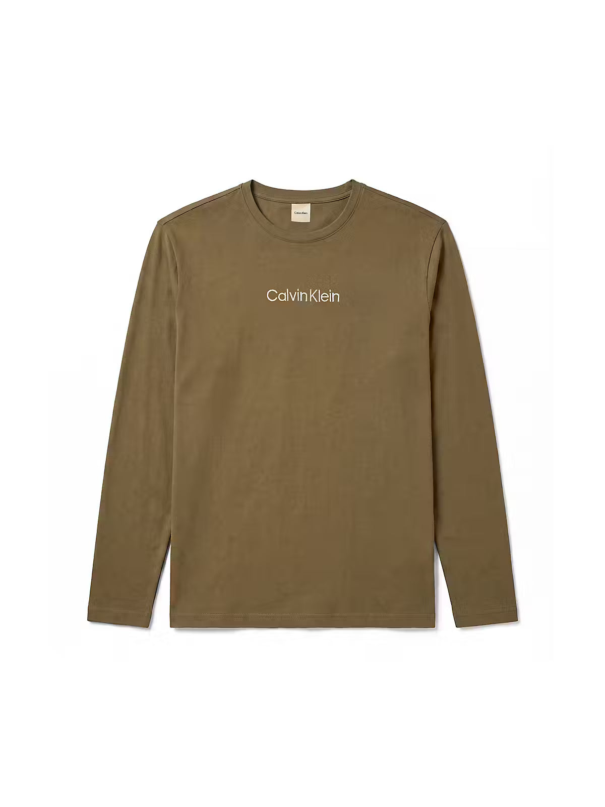 A long-sleeve crewneck t-shirt in olive brown with the 'CalvinKlein' logo printed in white on the chest, displayed flat against a solid white background.