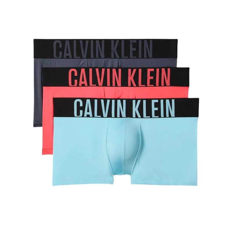 Calvin Klein Intense Power Low Rise 3 Pack Microfibre Trunks in navy coral and aqua – multipack product front