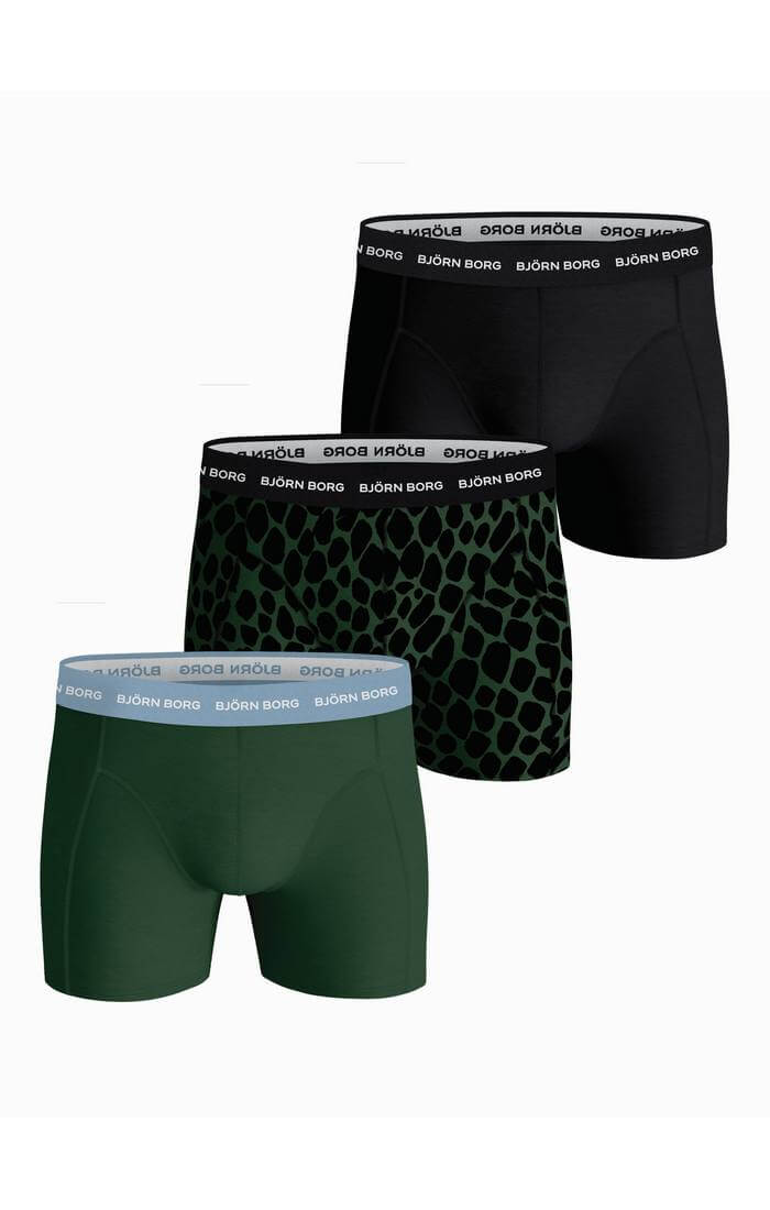 Björn Borg 3 Pack Cotton Stretch Boxers - Green Print / Black