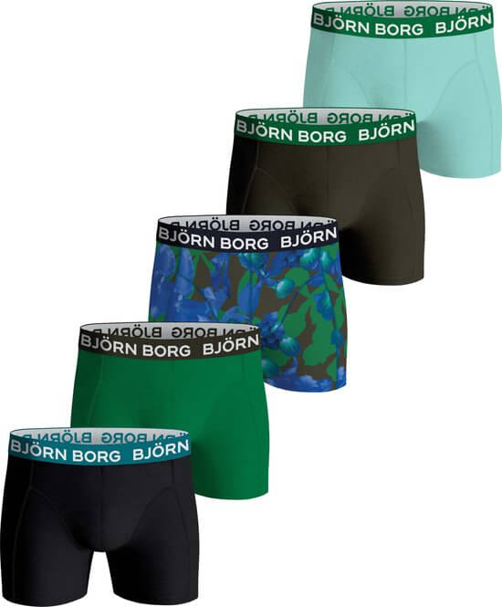 Björn Borg 5 Pack Cotton Stretch Boxers - Green/Black/Green Print