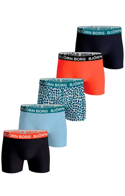 Björn Borg 5 Pack Cotton Stretch Boxers  - Orange, Black, Blue, Green Print