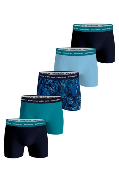 Björn Borg 5 Pack Cotton Stretch Boxers  - Green/Blue Print/Blue/Black