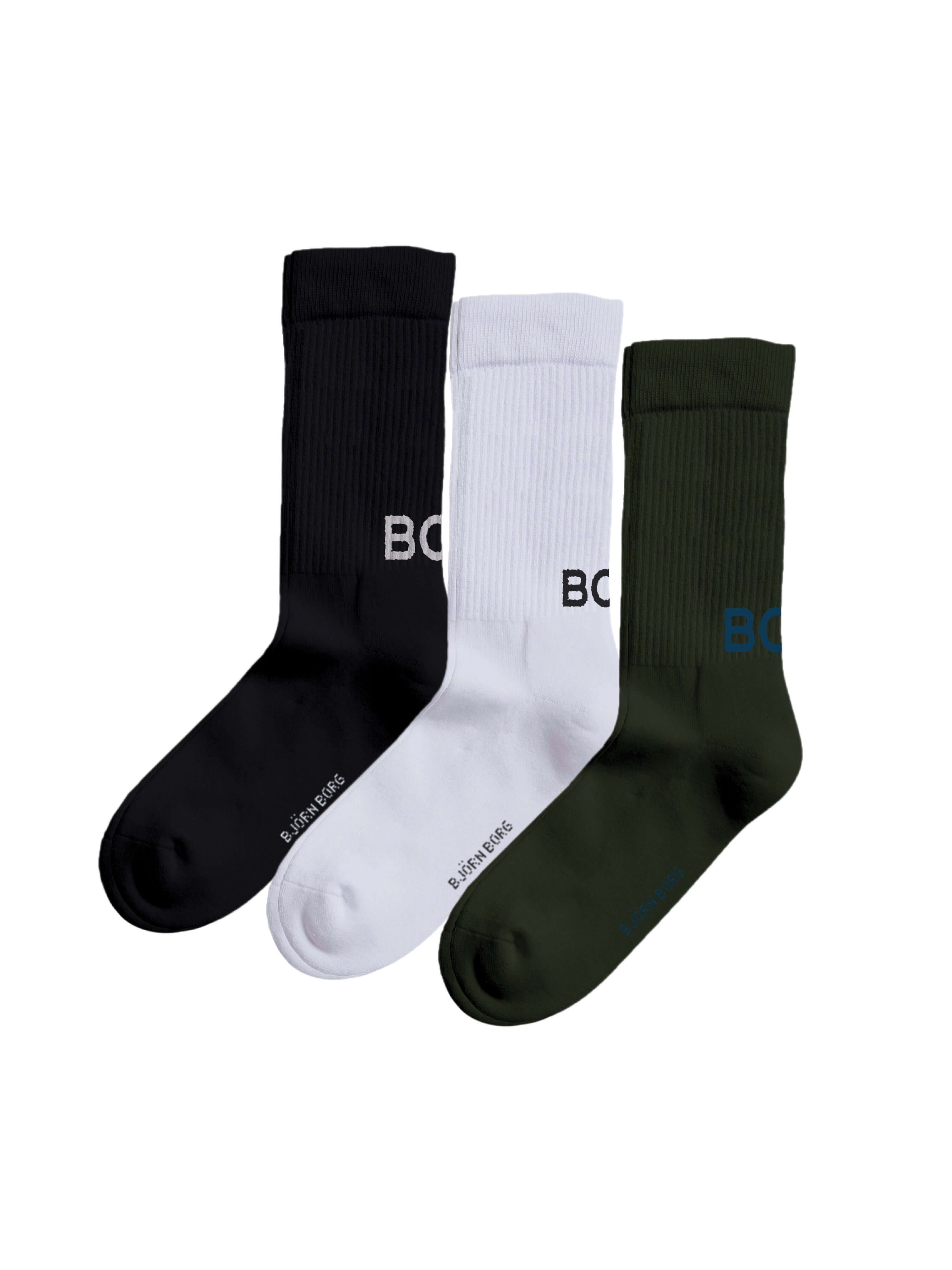 Björn Borg Core Crew Socks 3-Pack – Recycled Polyamide – Black, White, Green