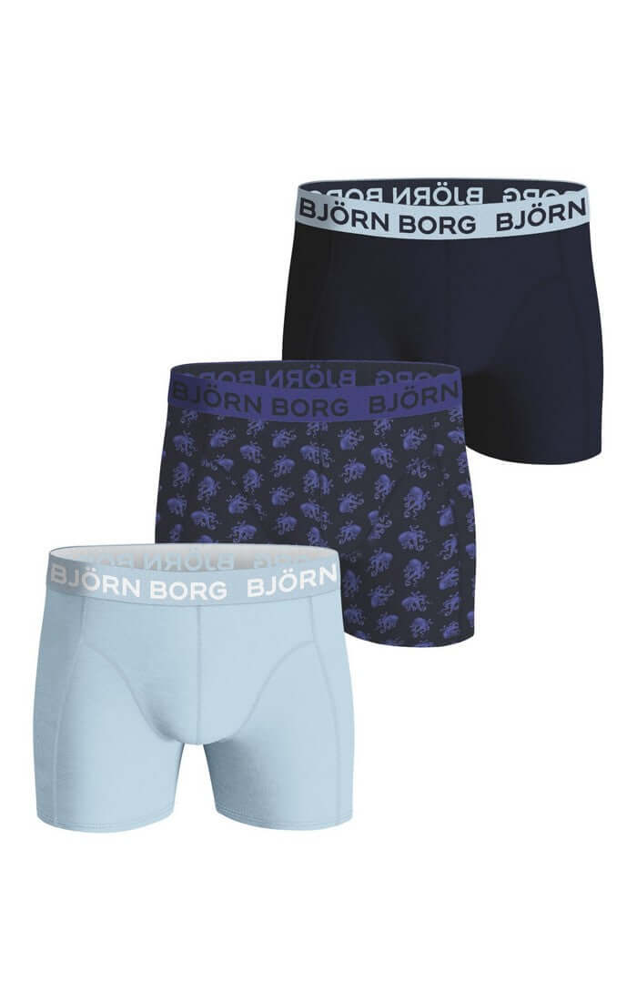 Bjorn Borg Cotton Stretch Boxer Trunks 3 Pack - Black,Navy Print, Blue