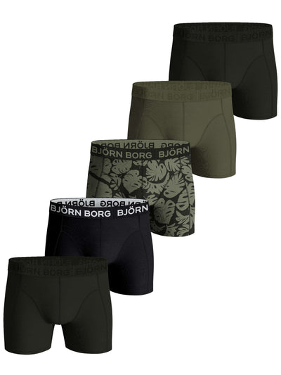 Björn Borg 5 Pack Cotton Stretch Boxers  -  Black, Green, Printed, Gray