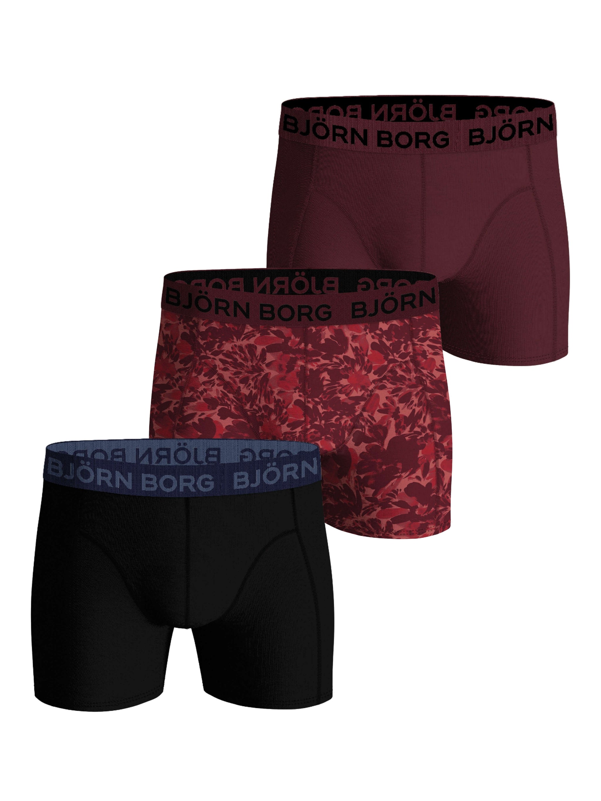 Bjorn Borg 3 Pack Cotton Stretch Boxers Burgundy Black Burgundy Print