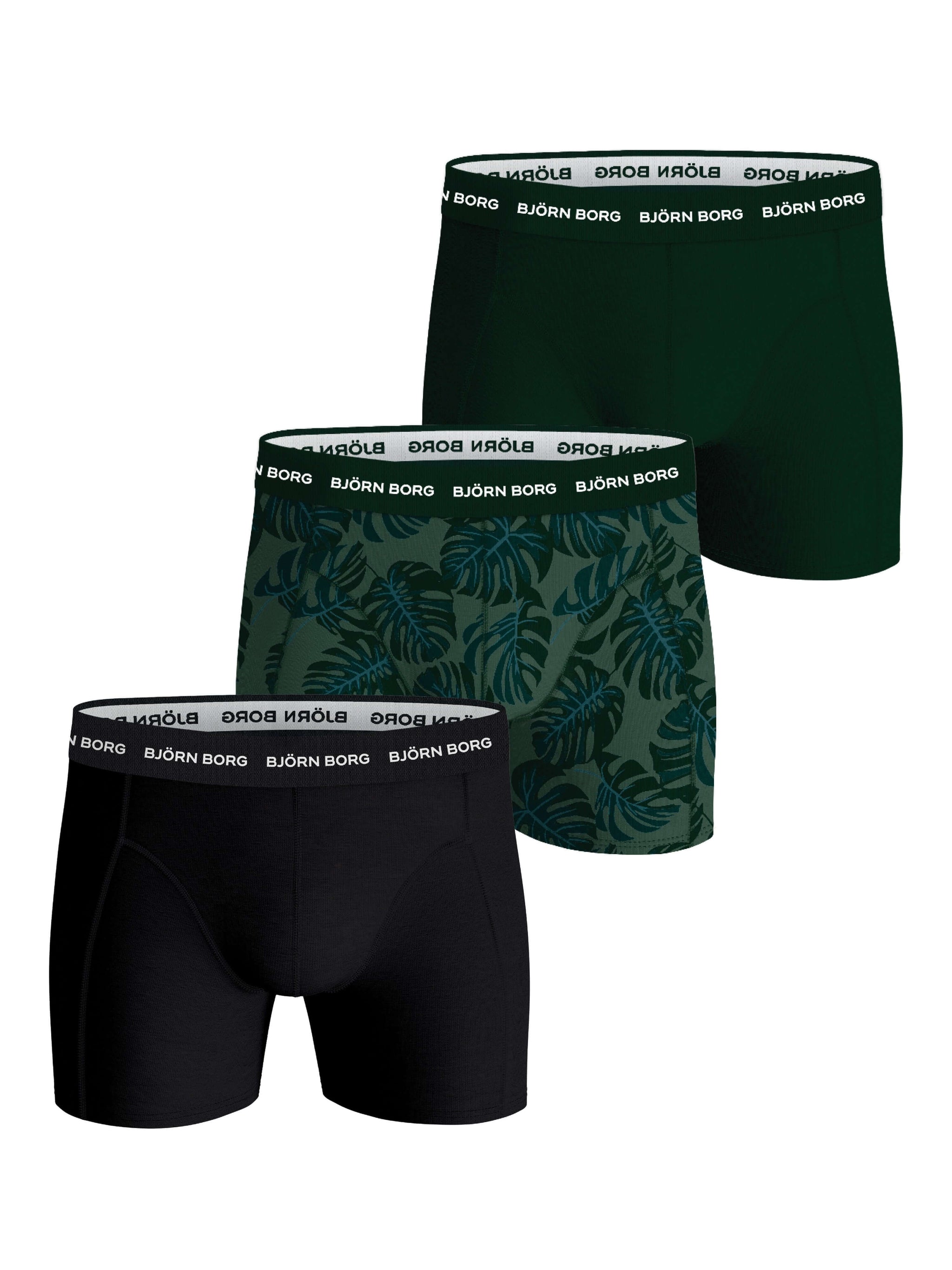 Bjorn Borg 3 Pack Cotton Stretch Boxers Black Green Green Print