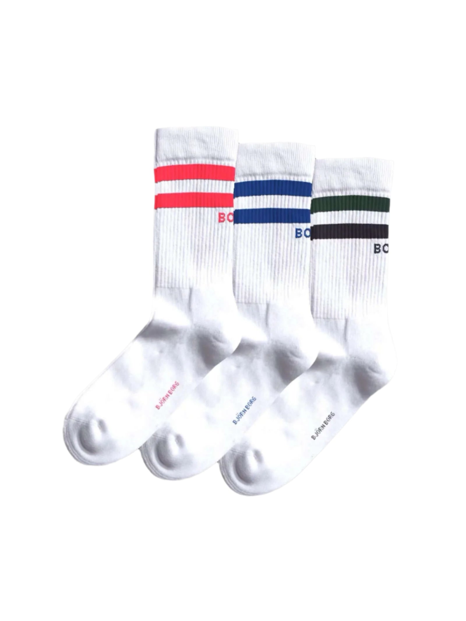 Björn Borg Core Crew Socks 3-Pack, White, Multi Stripes – Cotton Blend Sports Socks
