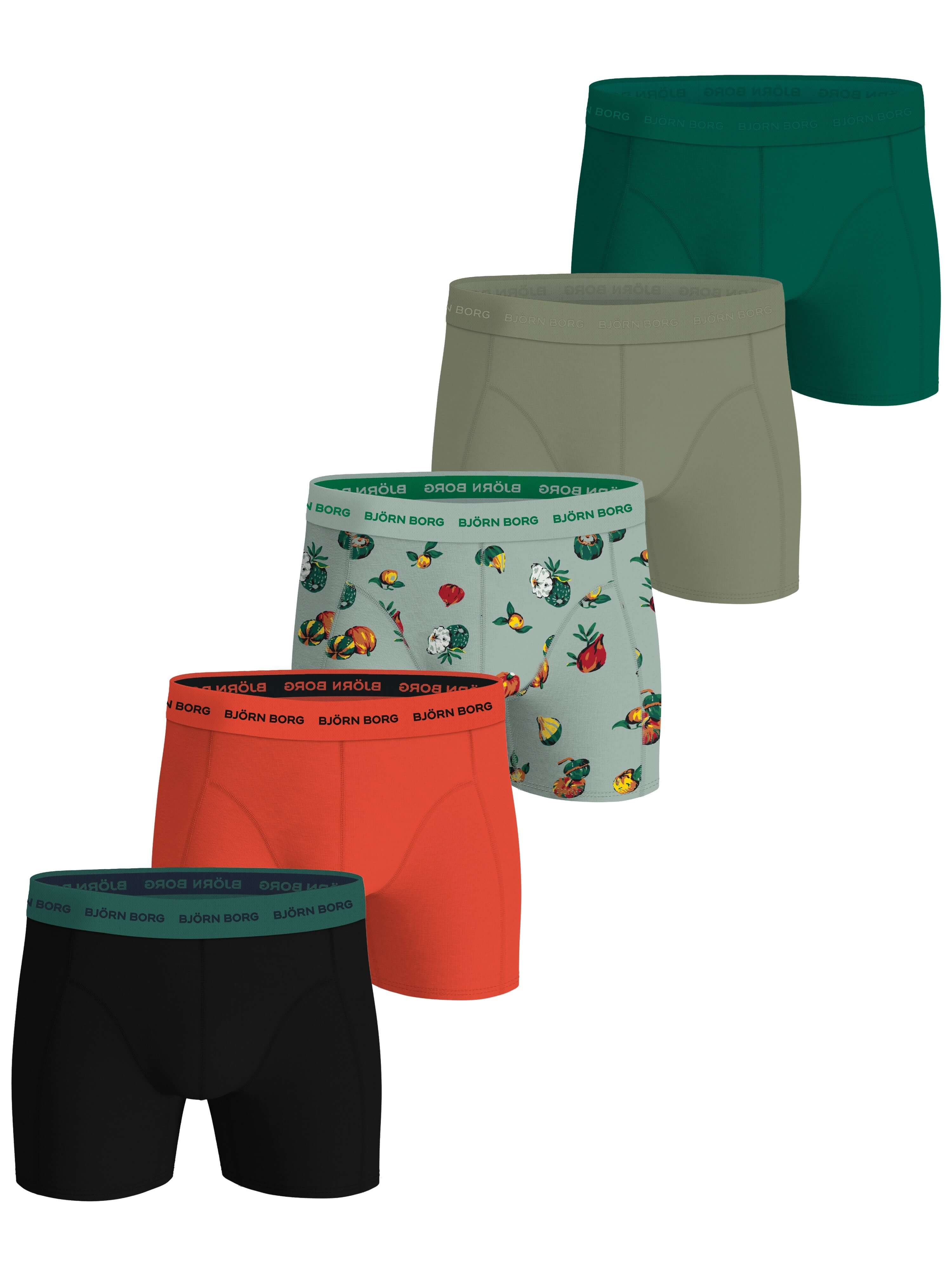 Björn Borg 5 Pack Cotton Stretch Boxers - Black, Green, Print, Orange