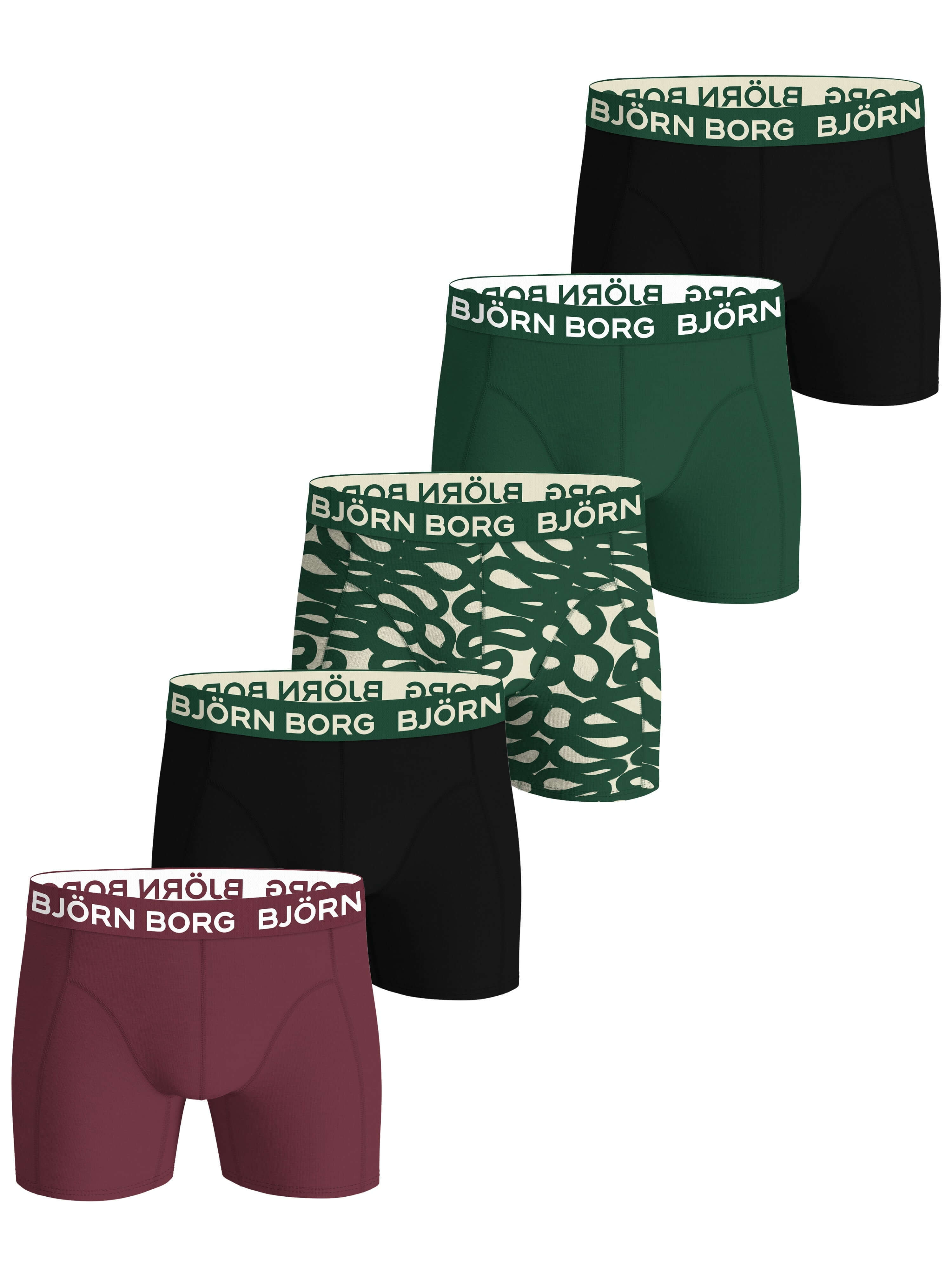 Björn Borg 5 Pack Cotton Stretch Boxers -Black, Green, Print, Red