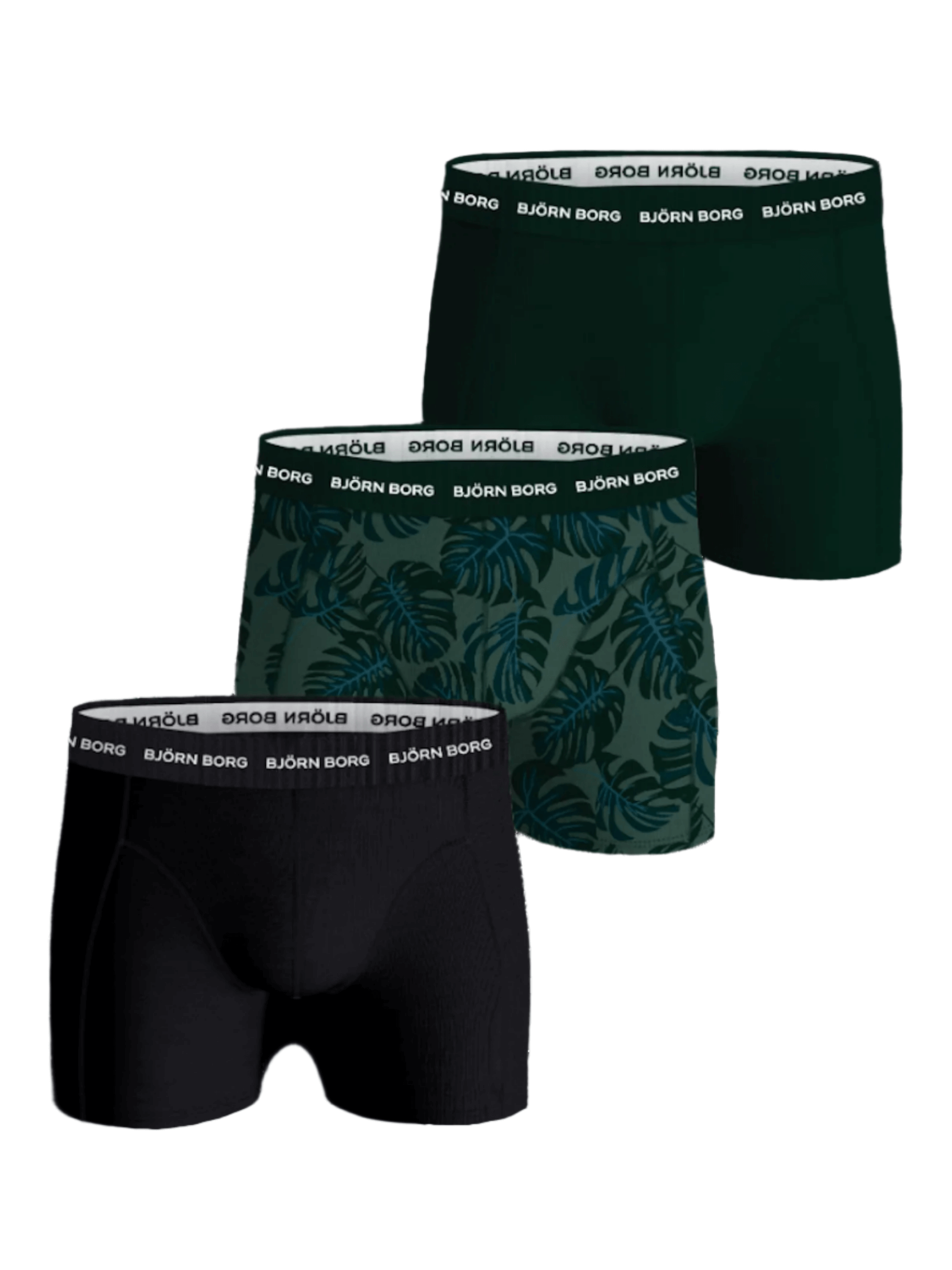 Björn Borg 3 Pack Cotton Stretch Boxers - Black/Green/Green Print