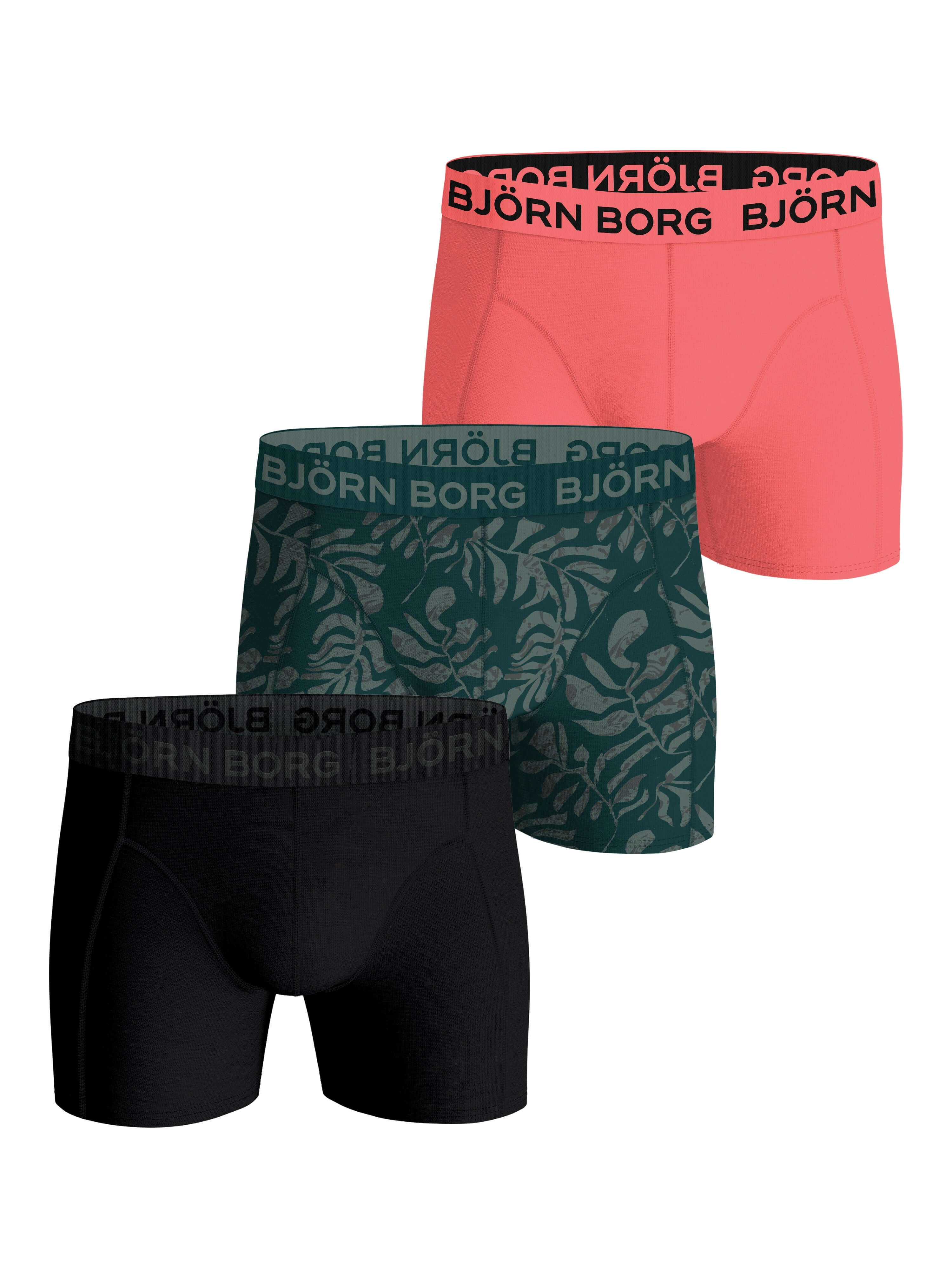 Björn Borg 3-Pack Cotton Stretch Boxers – Black / Green Print / Pink