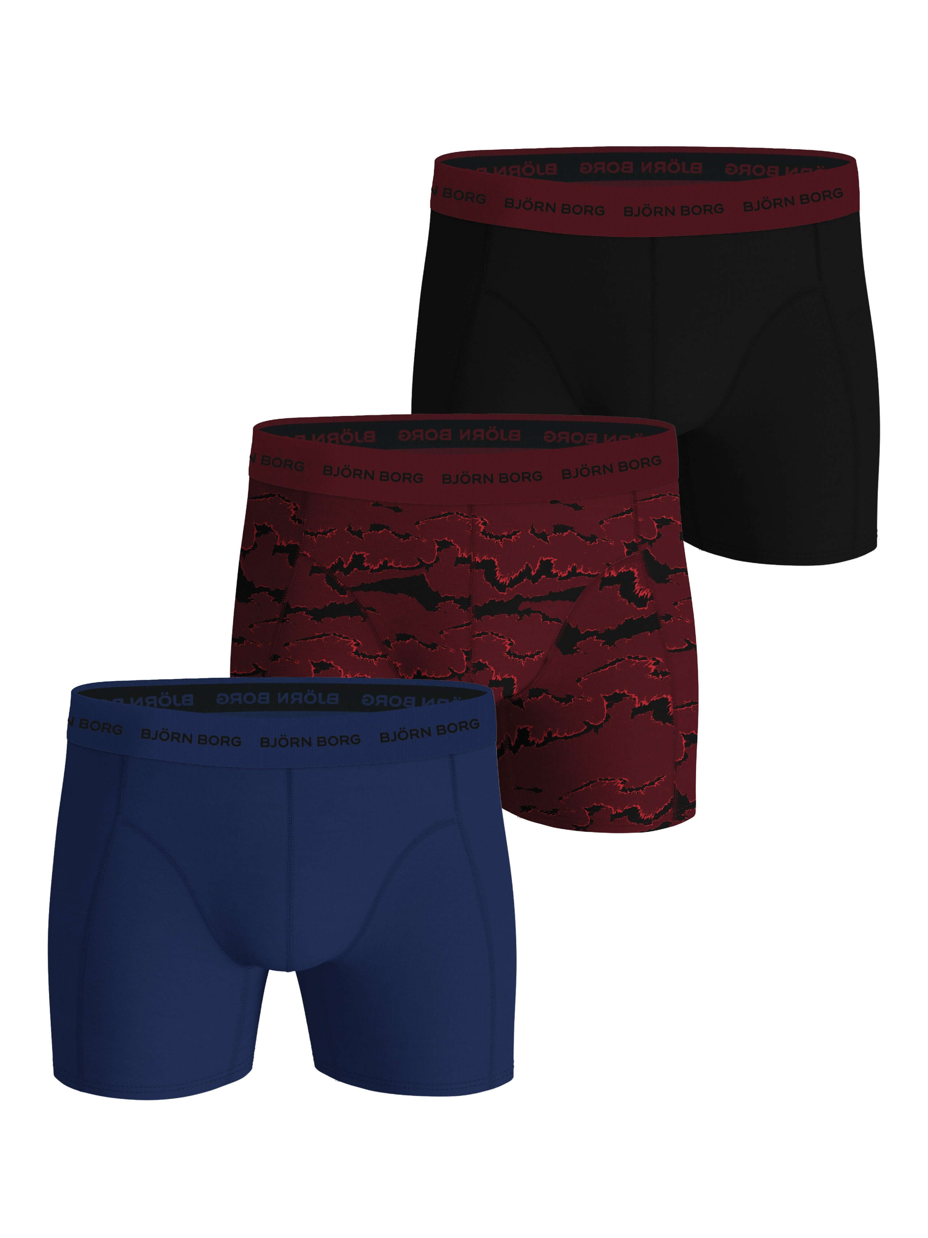 Björn Borg Men’s 3-Pack Cotton Stretch Boxers – Black, Blue, Burgundy Print