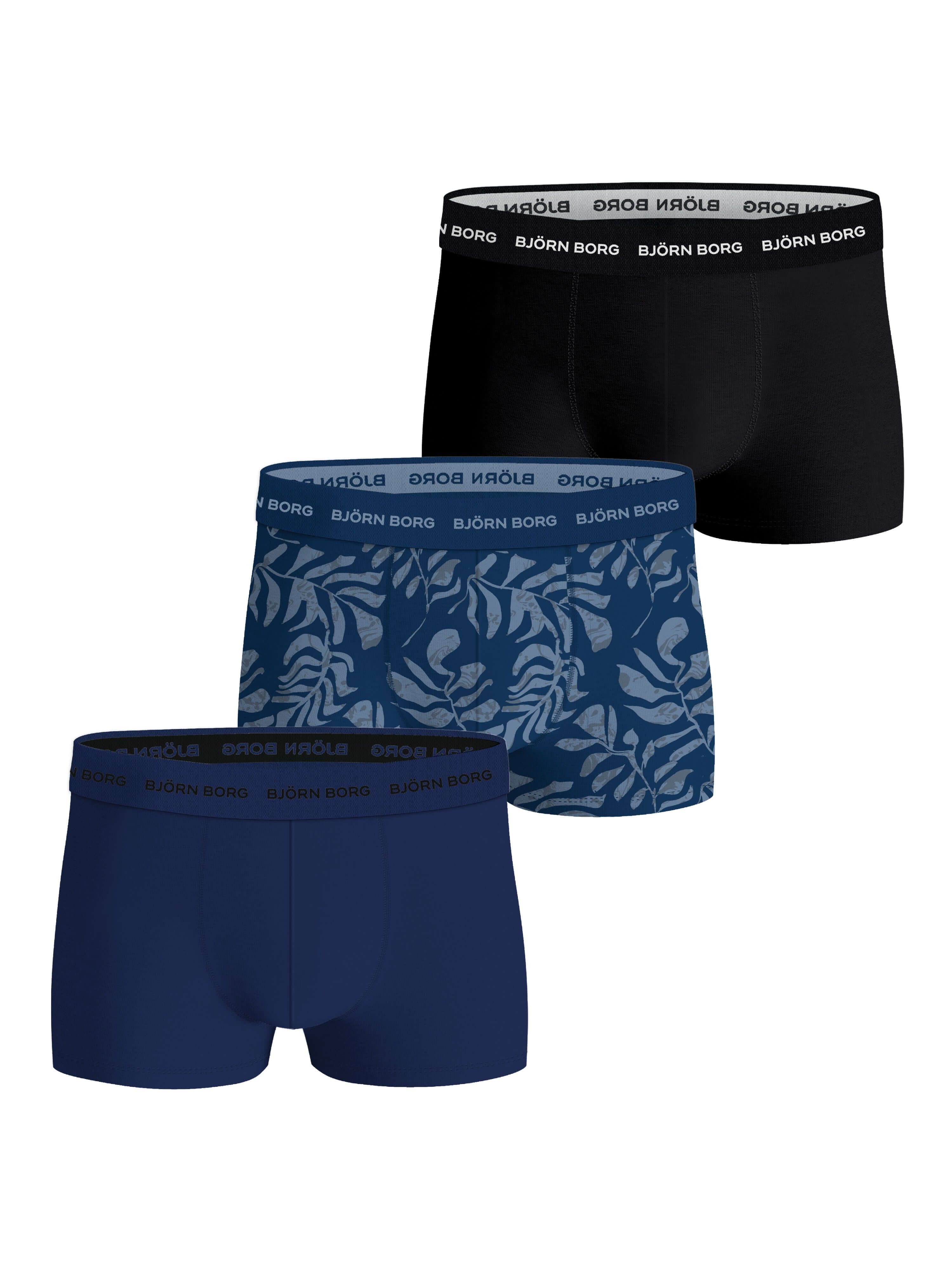 Björn Borg Cotton Stretch Trunks 3-pack - Black, Print, Navy Blue