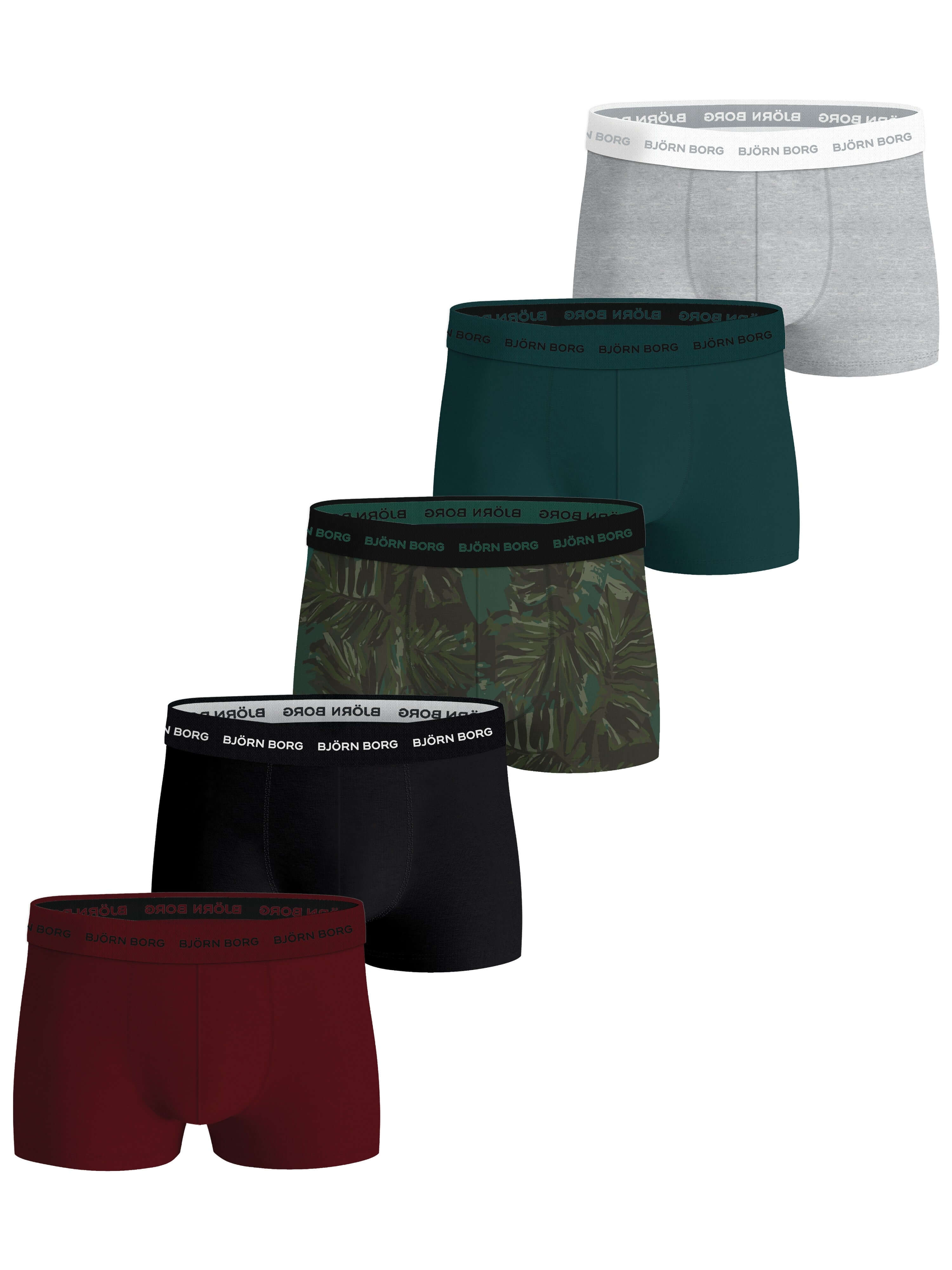 Björn Borg Cotton Stretch Trunks 5-pack - Black, Melange, Green, Print, Red