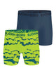Two pairs of Björn Borg boxer briefs, one navy and one green with shark pattern, on a white background.