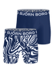 Two pairs of Björn Borg boxer briefs, one with a blue and white abstract pattern and the other plain blue, on a black background.