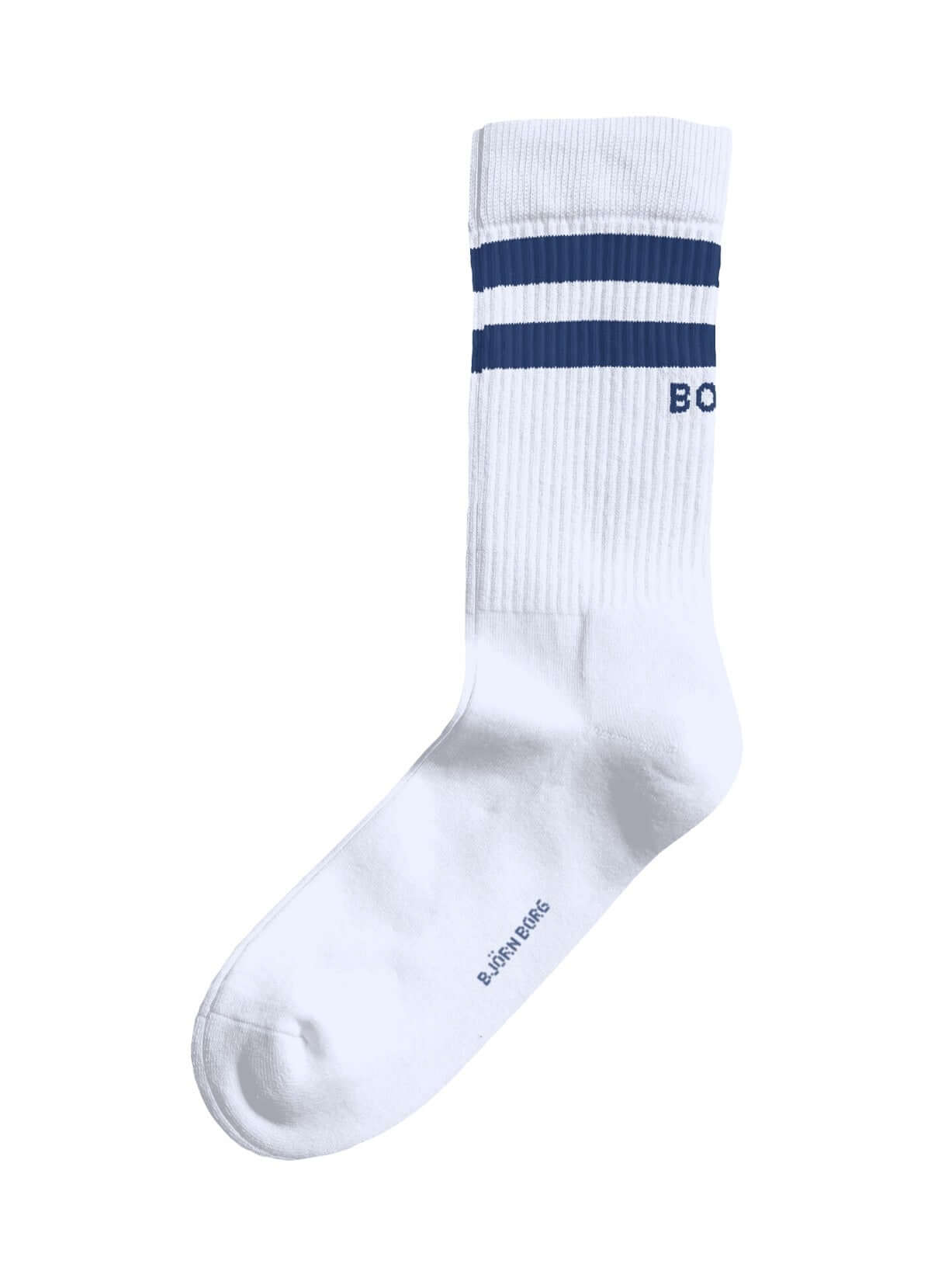 White sock with navy stripes on a white background