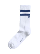 White sock with navy stripes on a white background