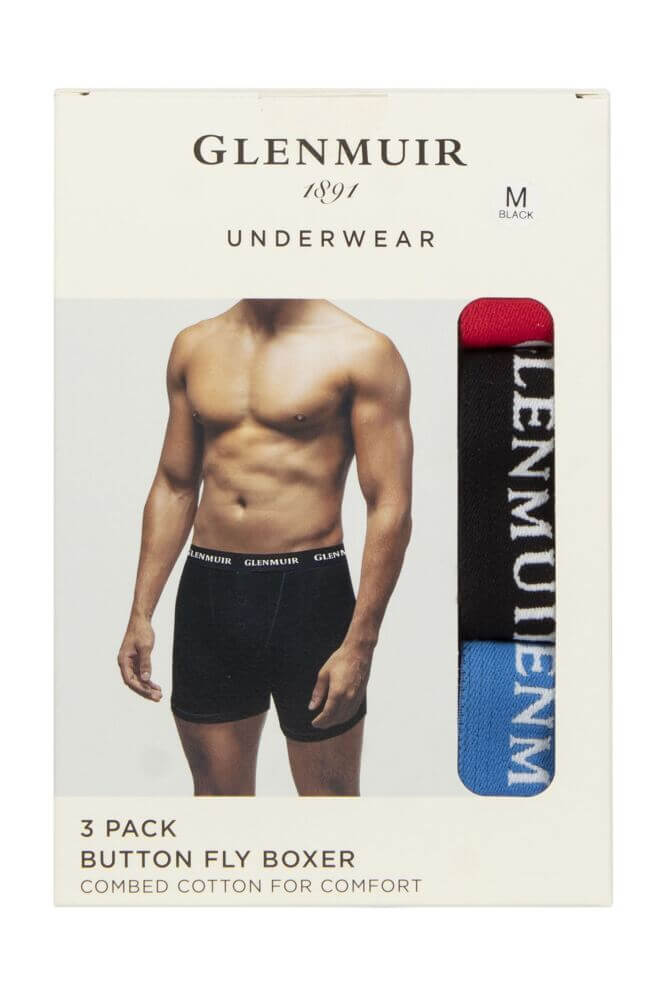 Glenmuir Mens 3 Pack William Button Front Cotton Boxers - Black, Multi